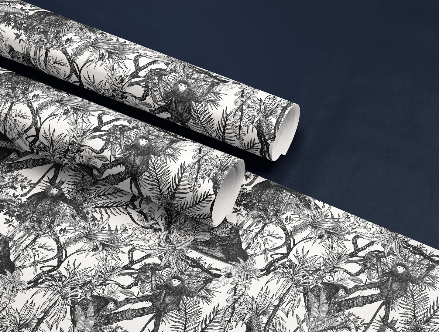 Noir Toile de Jouy Wrapping Paper  | Hand-Drawn Exotic Jungle Art with Minimalist Elegance | Classic Black on White Luxury Gift Wrap