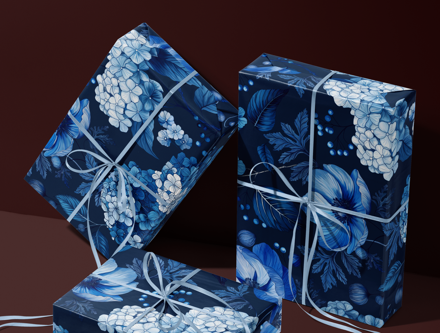 Azzure Floral Toile Wrapping Paper | Navy Blue Background