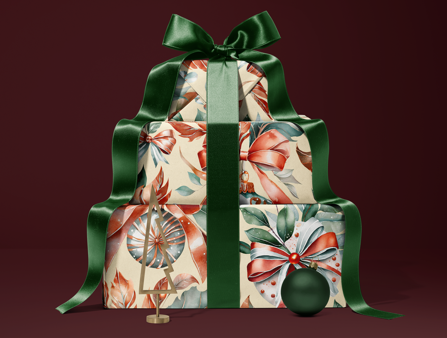 Christmas Wrapping Paper | Classic Red & Green Ornaments | Soft Yellow