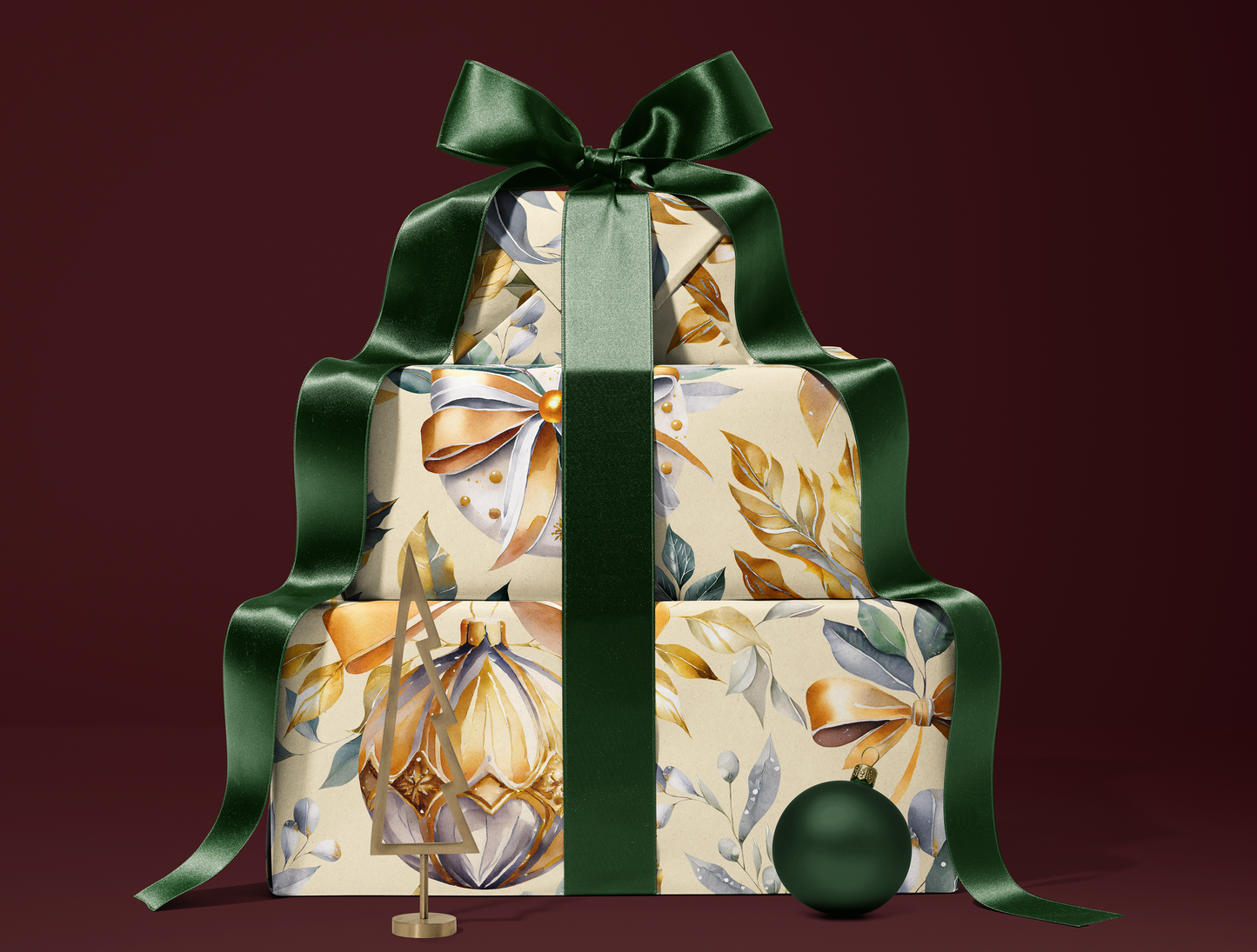 Christmas Wrapping Paper | Elegant Soft Green & Gold Ornaments | Soft Yellow background