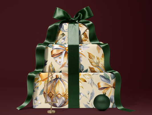 Christmas Wrapping Paper | Elegant Soft Green & Gold Ornaments | Soft Yellow background