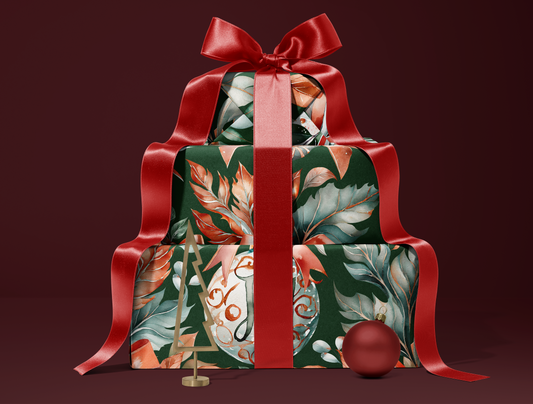 Christmas Classic Red & Green Ornaments Wrapping Paper | Green backround