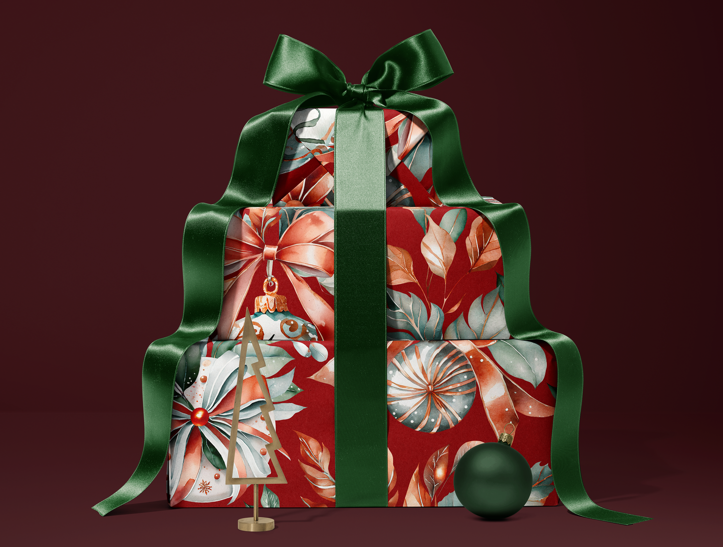 Christmas Red & Green Ornaments Wrapping Paper | Premium Edition