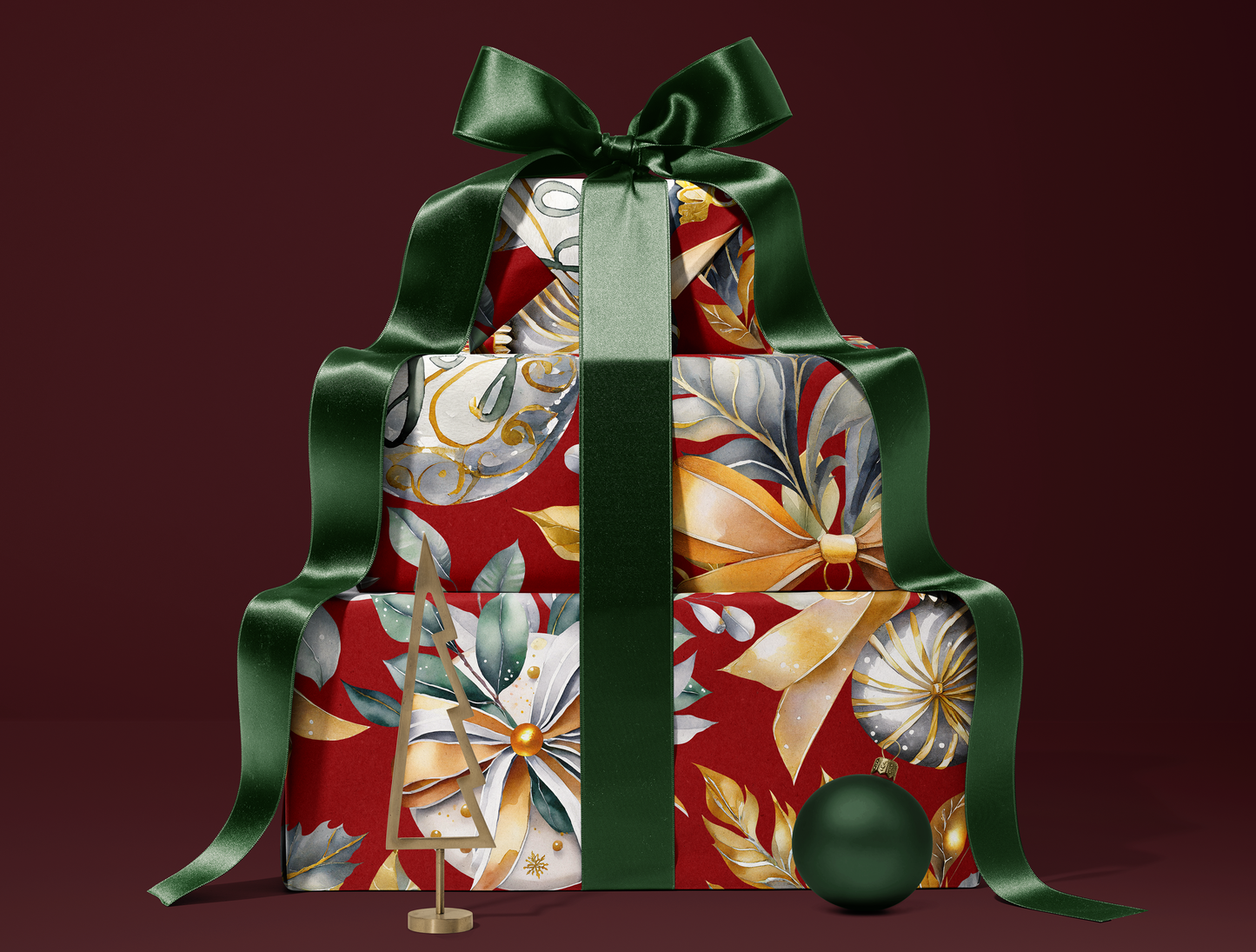 Christmas Wrapping Paper | Elegant Soft Green & Gold Ornaments | Red