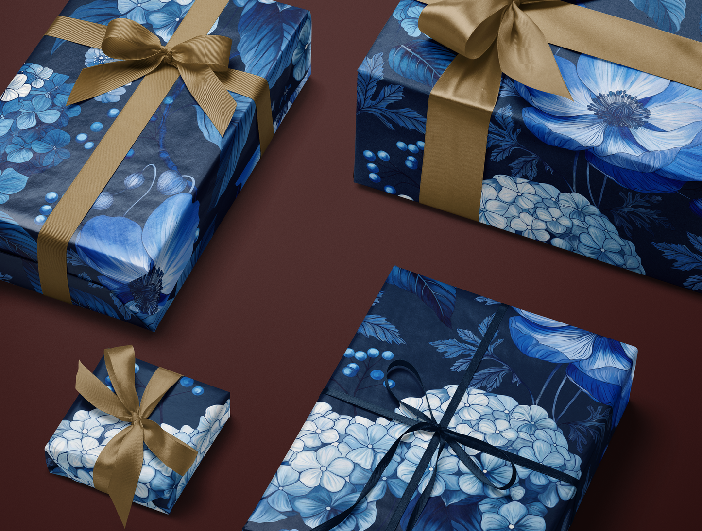 Azzure Floral Toile Wrapping Paper | Navy Blue Background