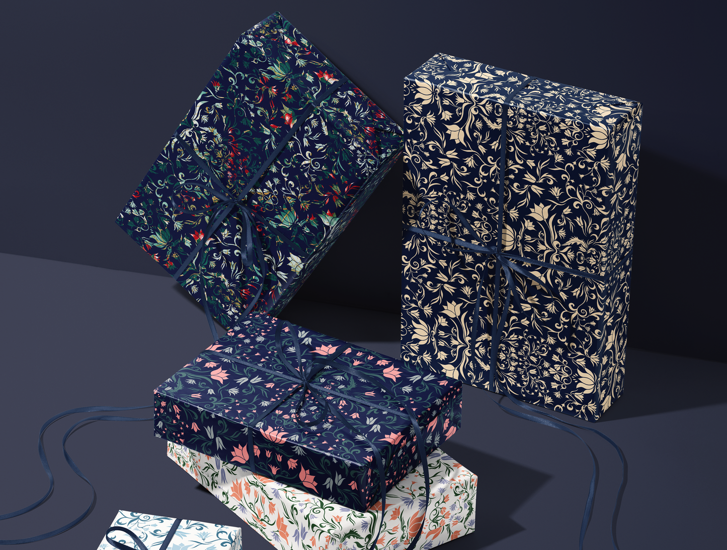Botanical Bloom & Bell Floral Wrapping Paper | Deep Navy Blue