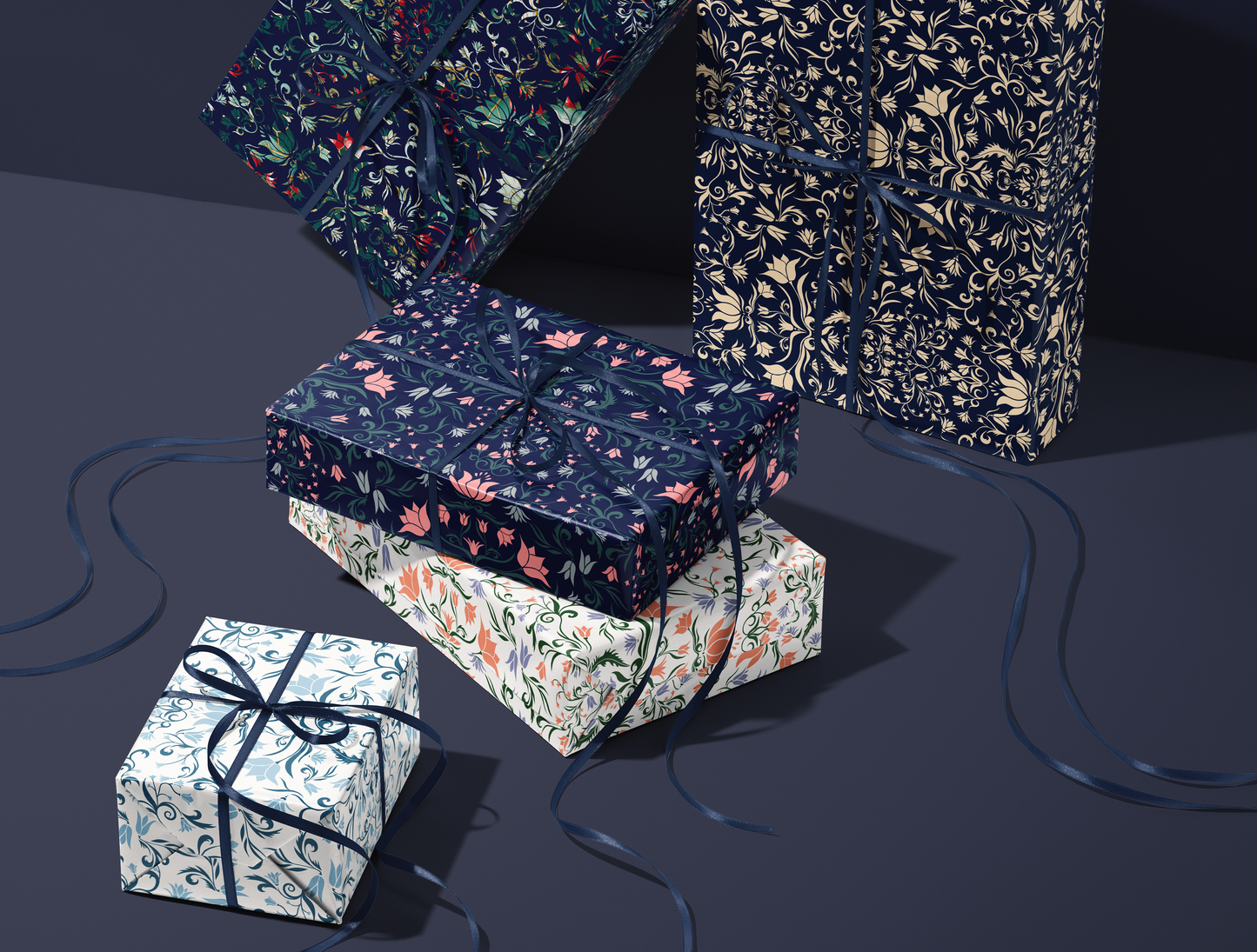 Botanical Bloom & Bell Floral Wrapping Paper | Deep Navy Blue