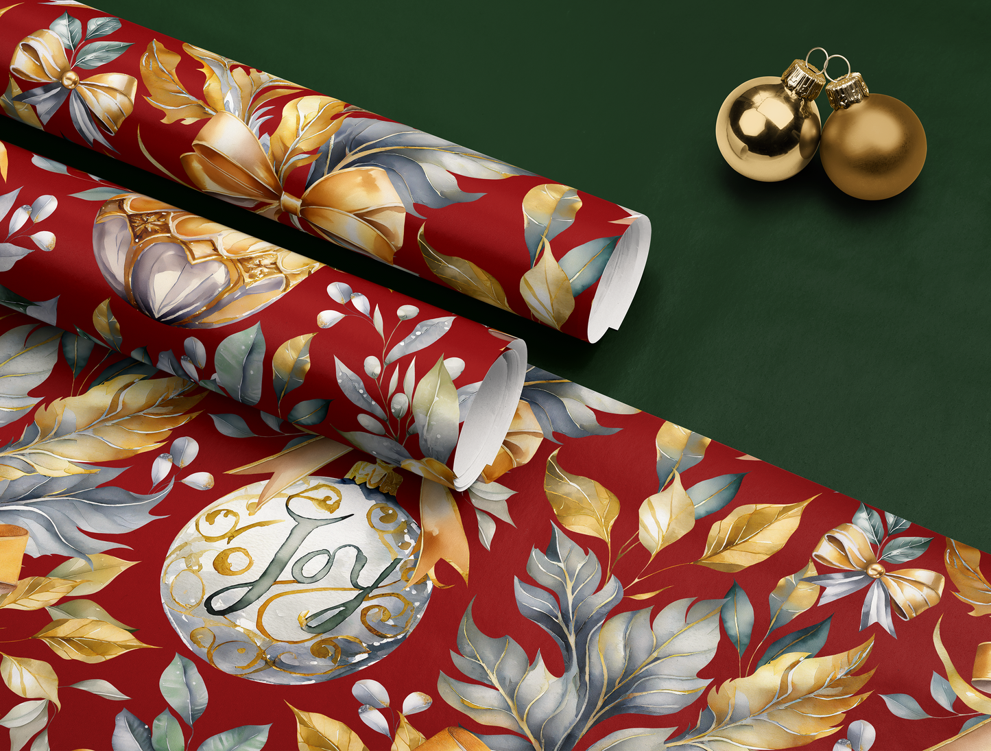 Christmas Wrapping Paper | Elegant Soft Green & Gold Ornaments | Red