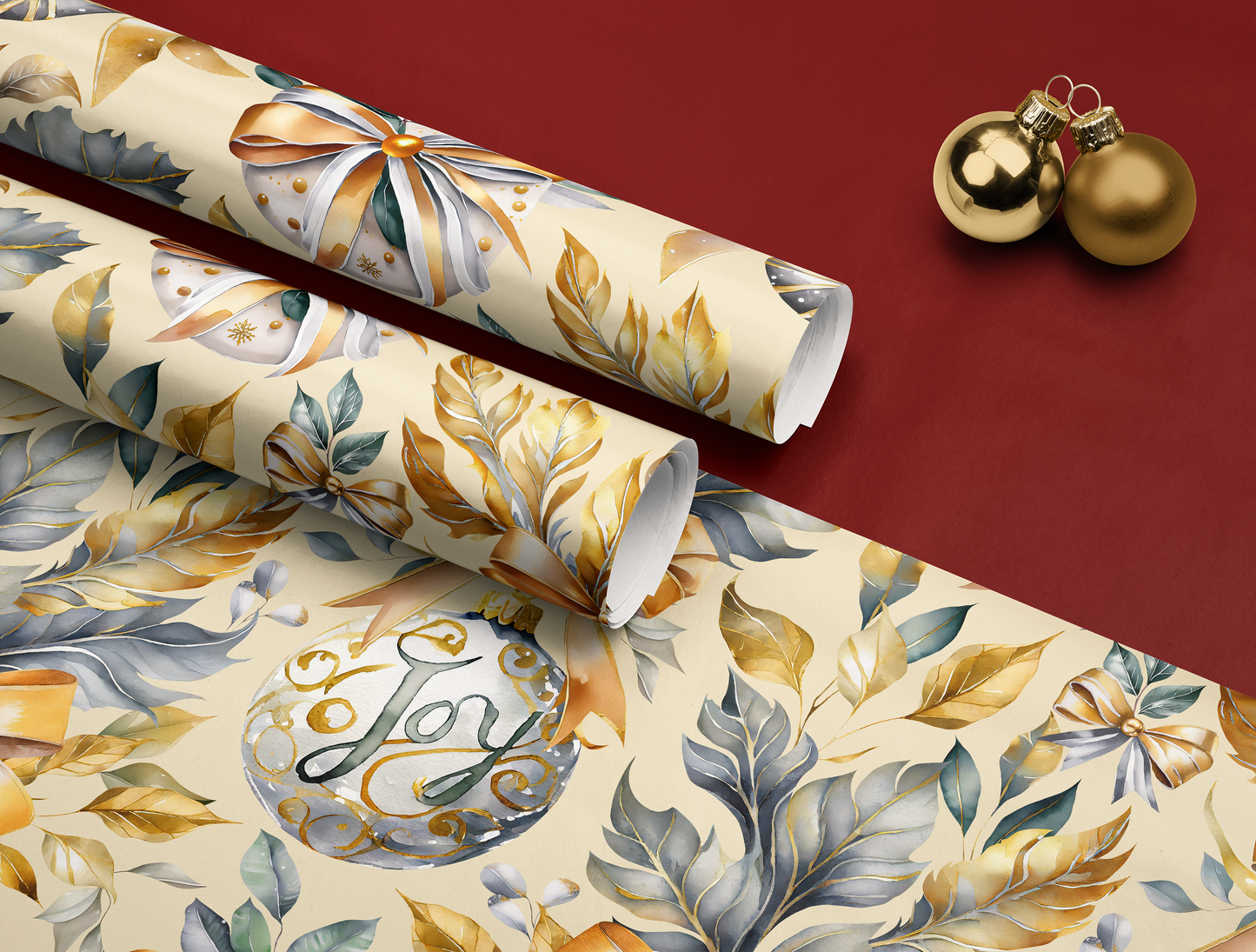 Christmas Wrapping Paper | Elegant Soft Green & Gold Ornaments | Soft Yellow background