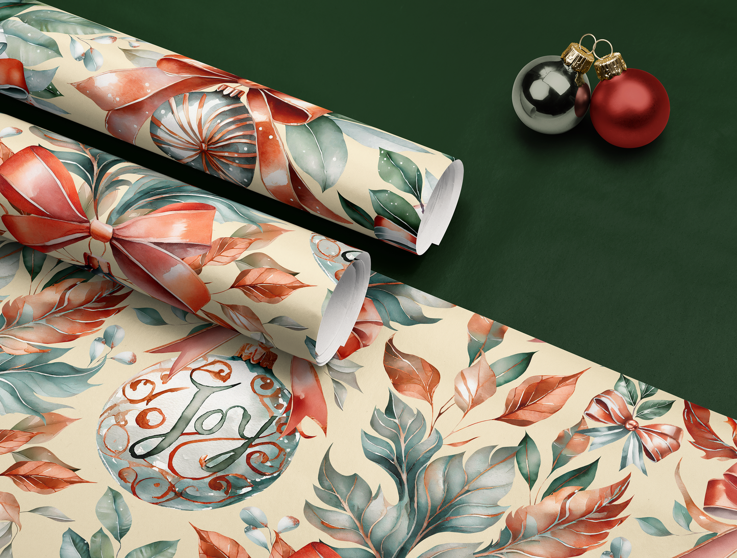 Christmas Wrapping Paper | Classic Red & Green Ornaments | Soft Yellow