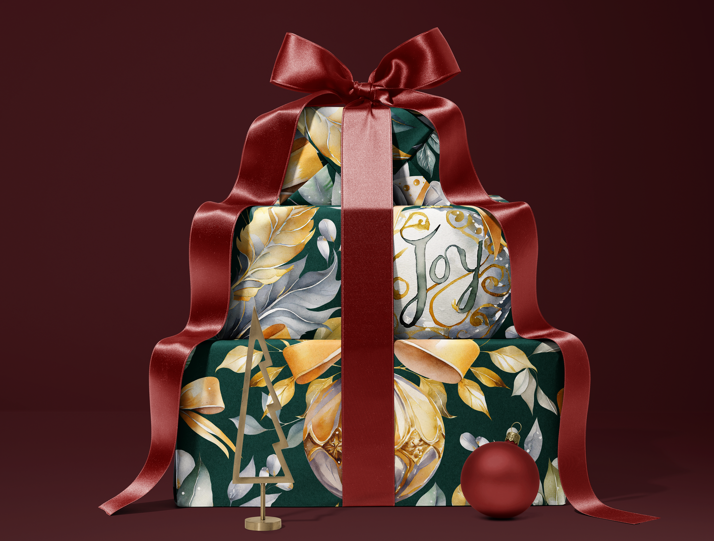 Christmas Wrapping Paper | Elegant Soft Green & Gold Ornaments | Green background