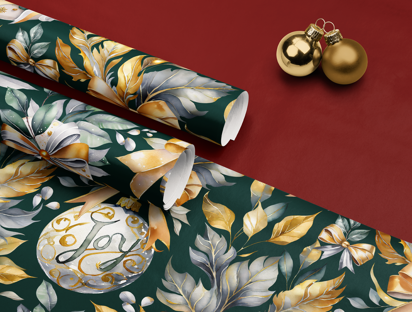 Christmas Wrapping Paper | Elegant Soft Green & Gold Ornaments | Green background