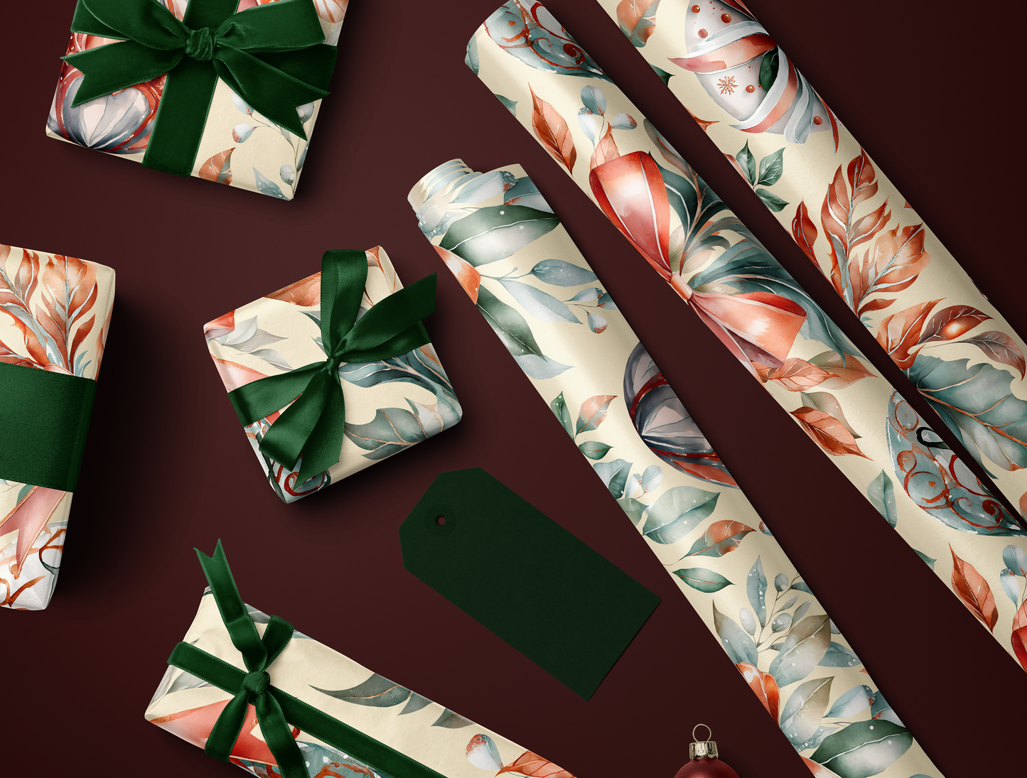 Christmas Wrapping Paper | Classic Red & Green Ornaments | Soft Yellow