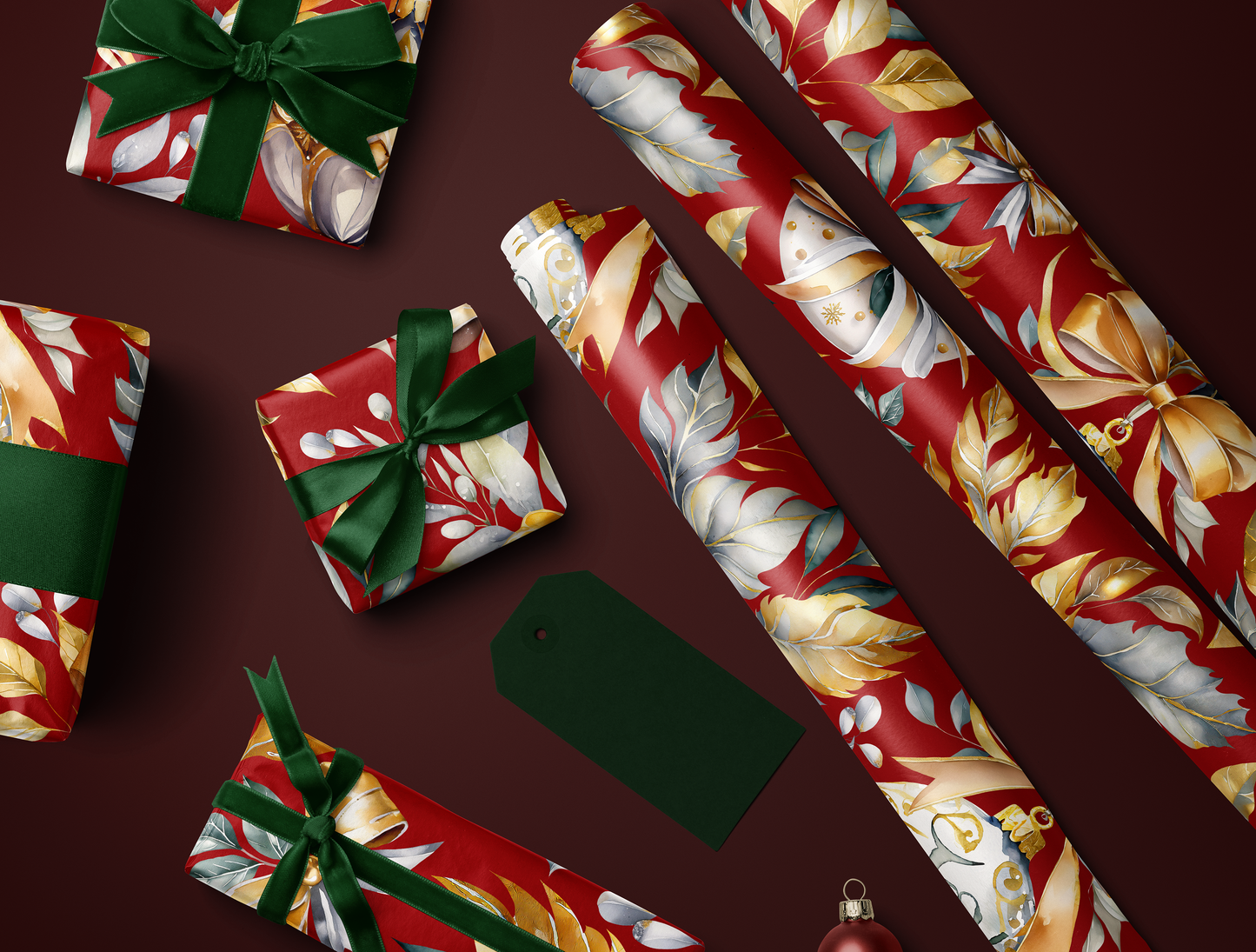 Christmas Wrapping Paper | Elegant Soft Green & Gold Ornaments | Red