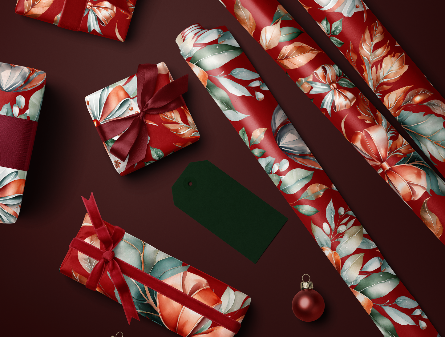 Christmas Red & Green Ornaments Wrapping Paper | Premium Edition