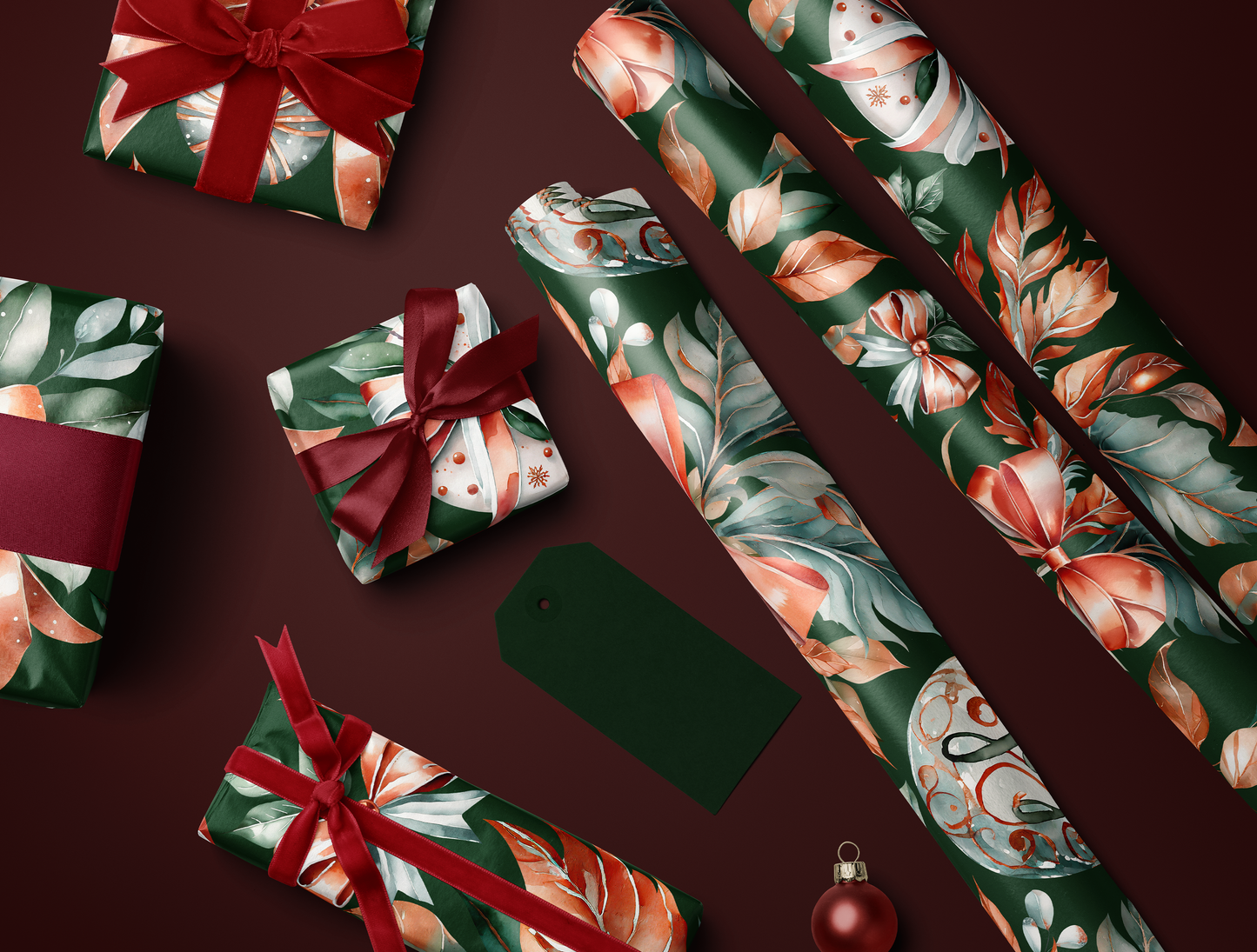 Christmas Classic Red & Green Ornaments Wrapping Paper | Green backround