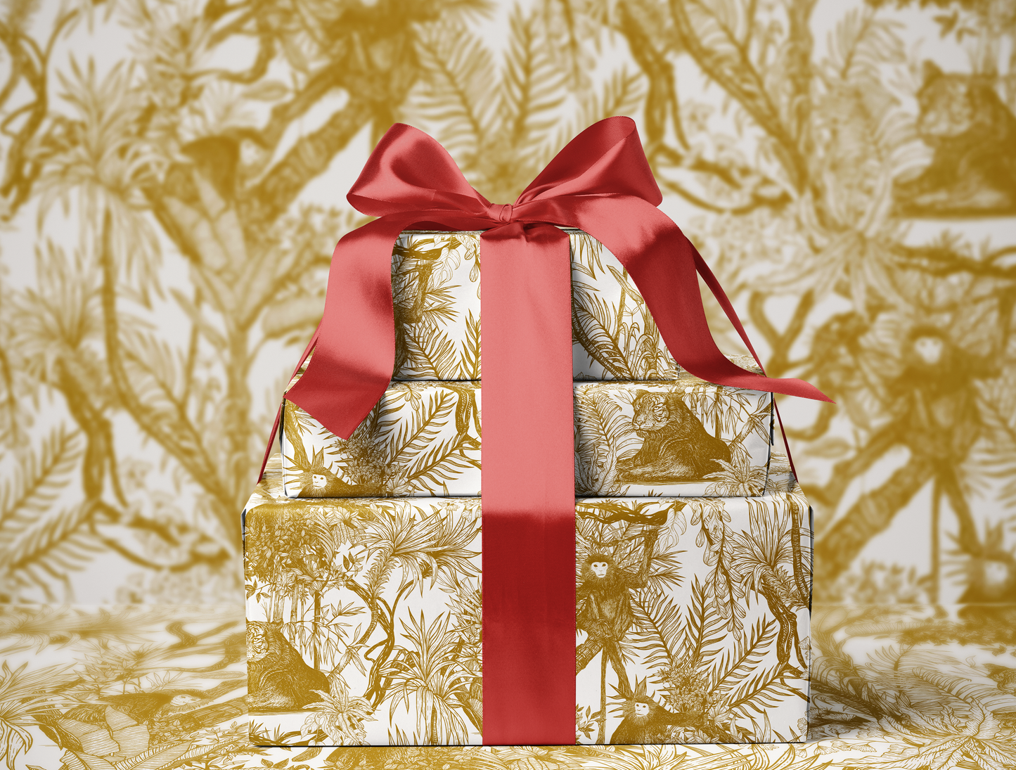 Antique Gold Toile de Jouy Wrapping Paper | Hand-Drawn Exotic Jungle Illustrations with Subtle Southeast Asian Influence | Luxury Gift Wrap