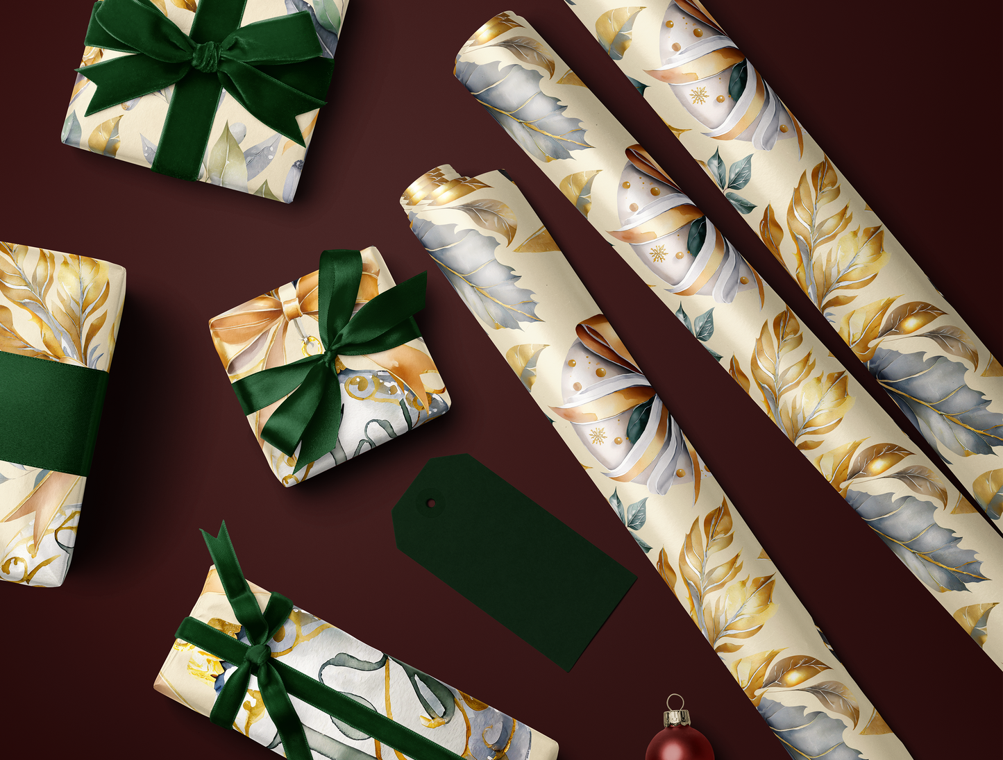 Christmas Wrapping Paper | Elegant Soft Green & Gold Ornaments | Soft Yellow background