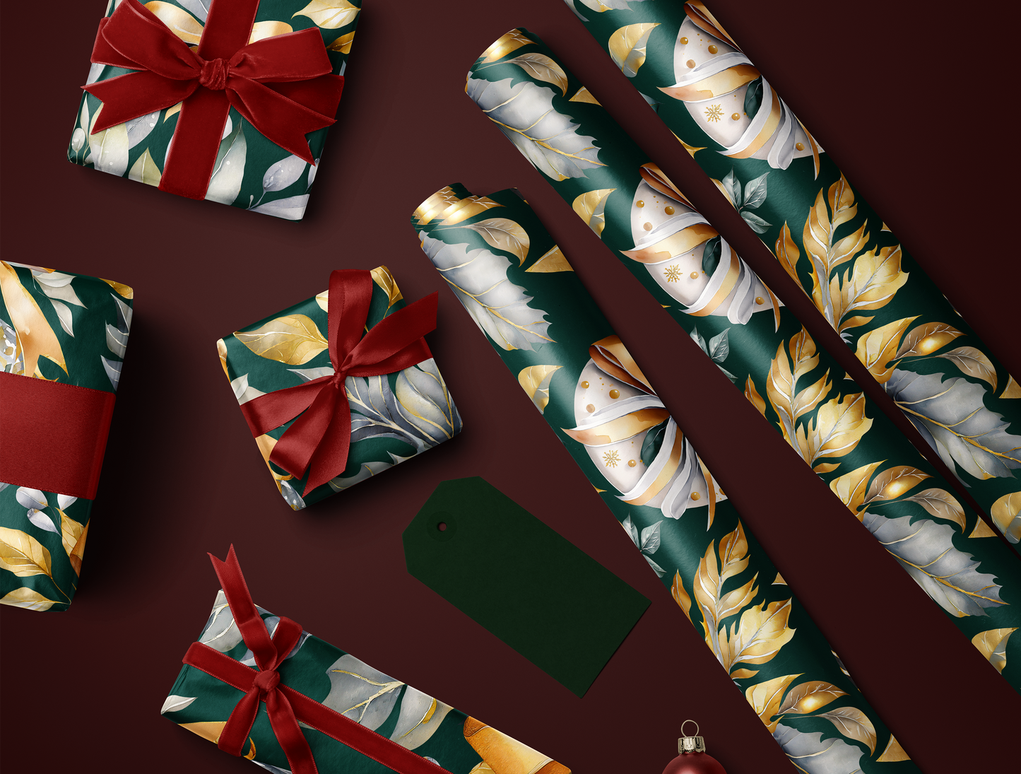 Christmas Wrapping Paper | Elegant Soft Green & Gold Ornaments | Green background