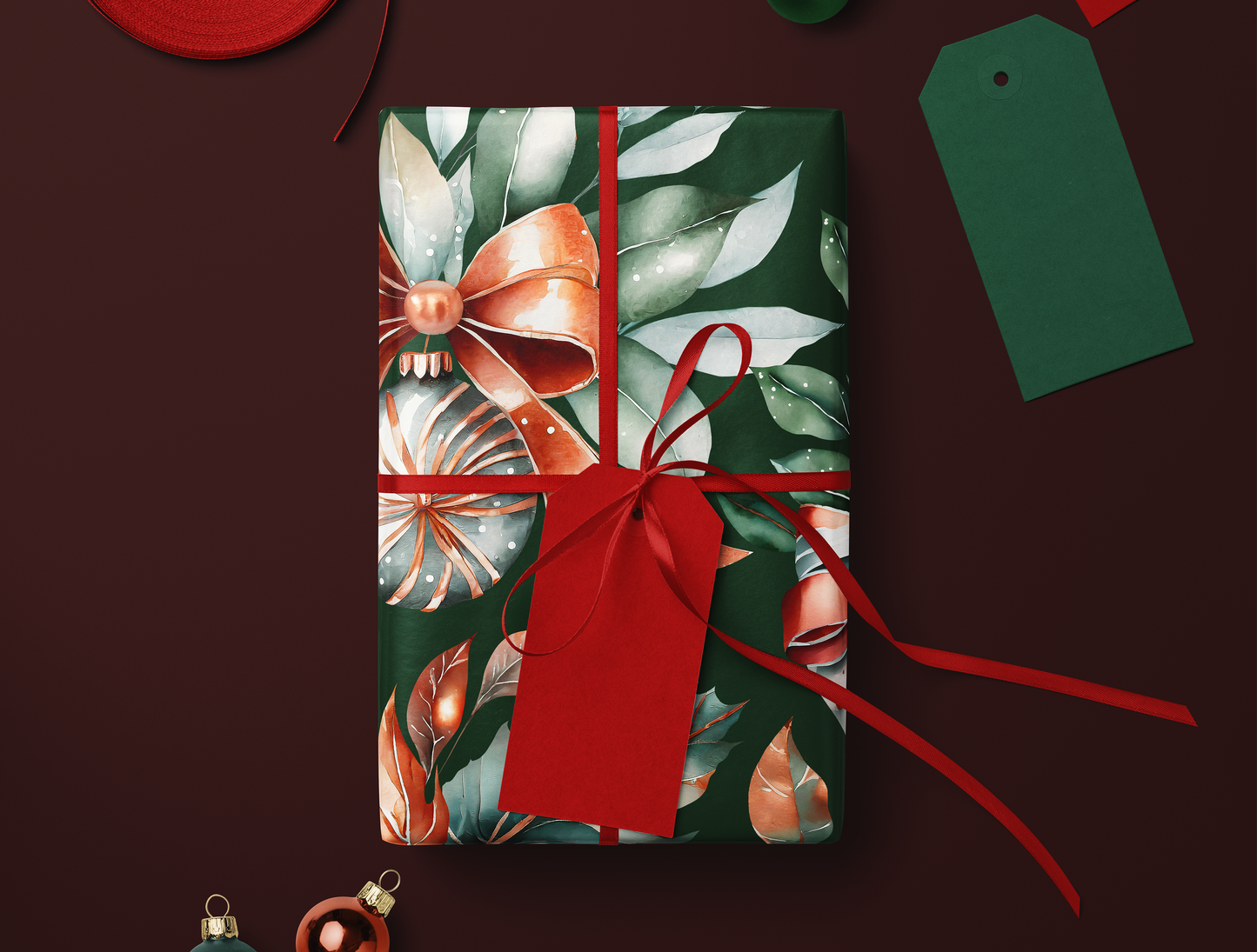 Christmas Classic Red & Green Ornaments Wrapping Paper | Green backround