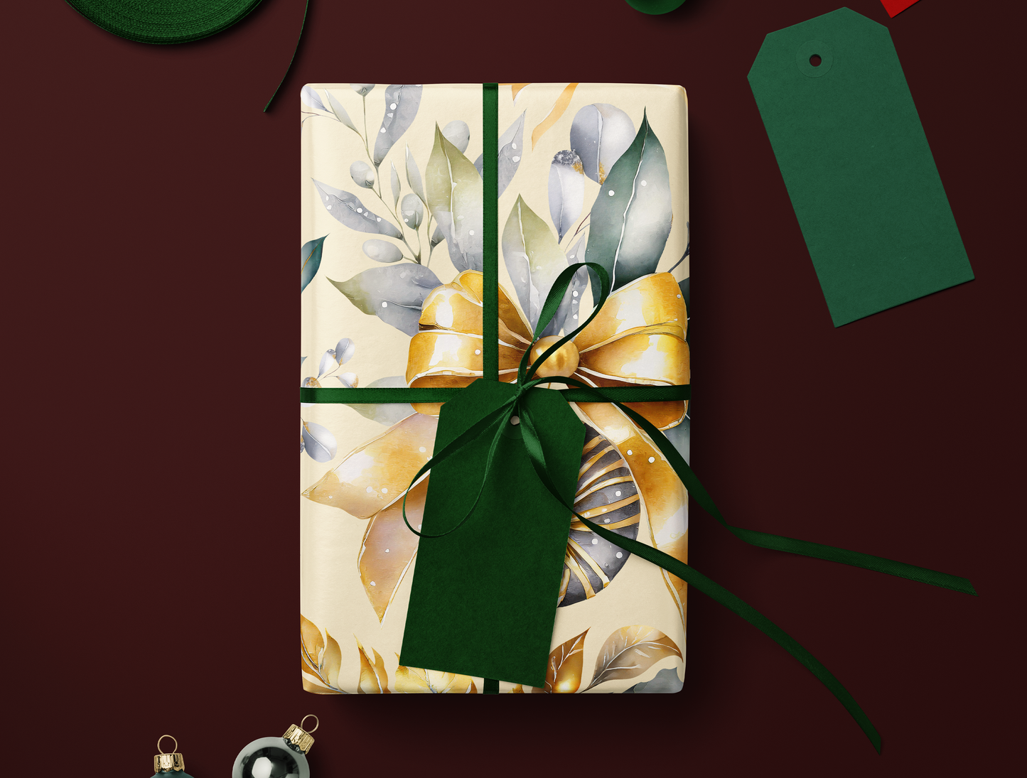 Christmas Wrapping Paper | Elegant Soft Green & Gold Ornaments | Soft Yellow background