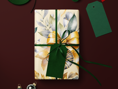 Christmas Wrapping Paper | Elegant Soft Green & Gold Ornaments | Soft Yellow background