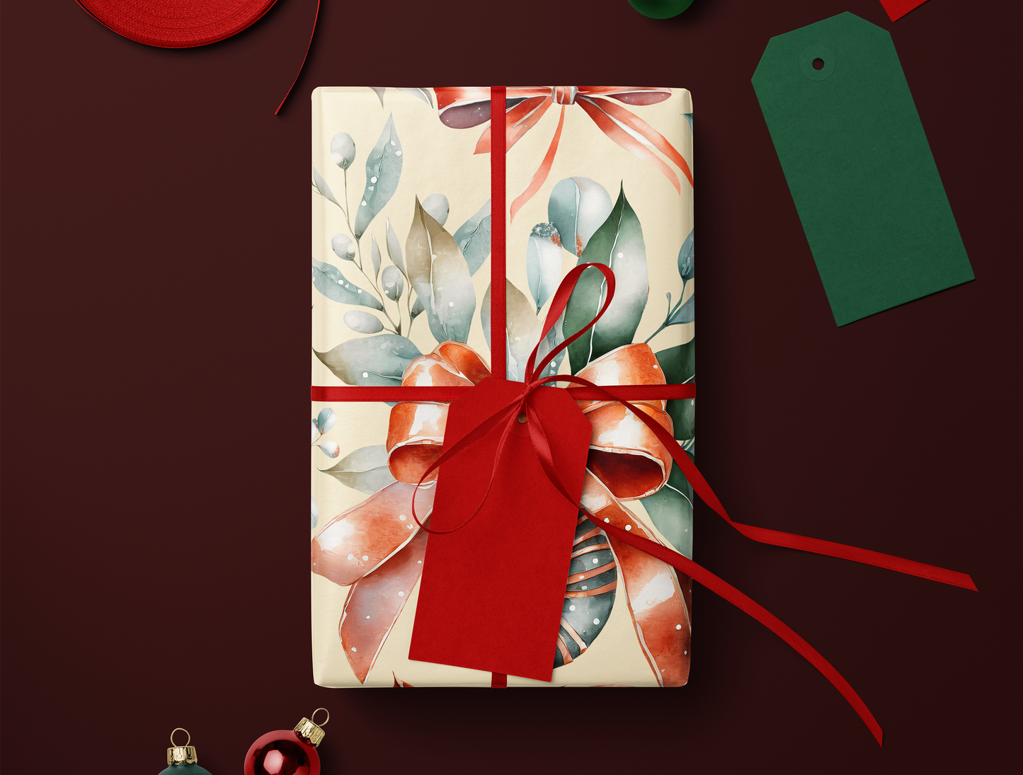 Christmas Wrapping Paper | Classic Red & Green Ornaments | Soft Yellow