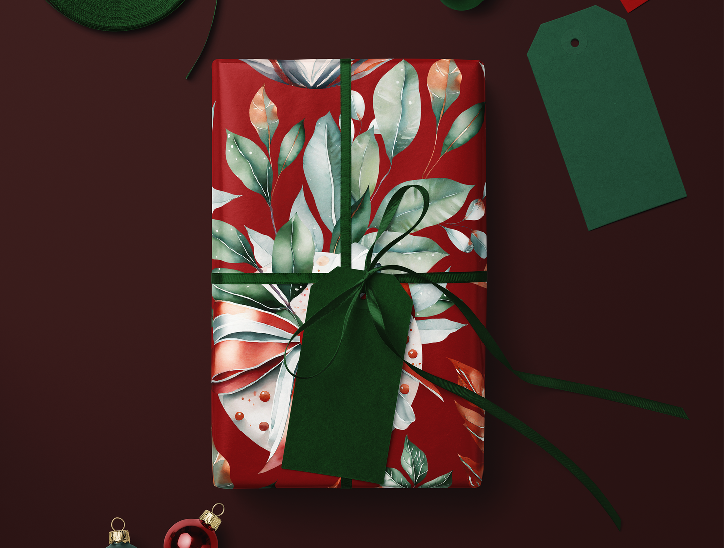 Christmas Red & Green Ornaments Wrapping Paper | Premium Edition