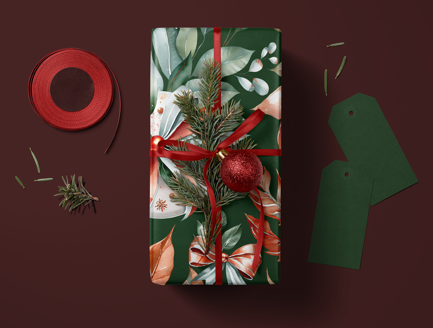 Christmas Classic Red & Green Ornaments Wrapping Paper | Green backround