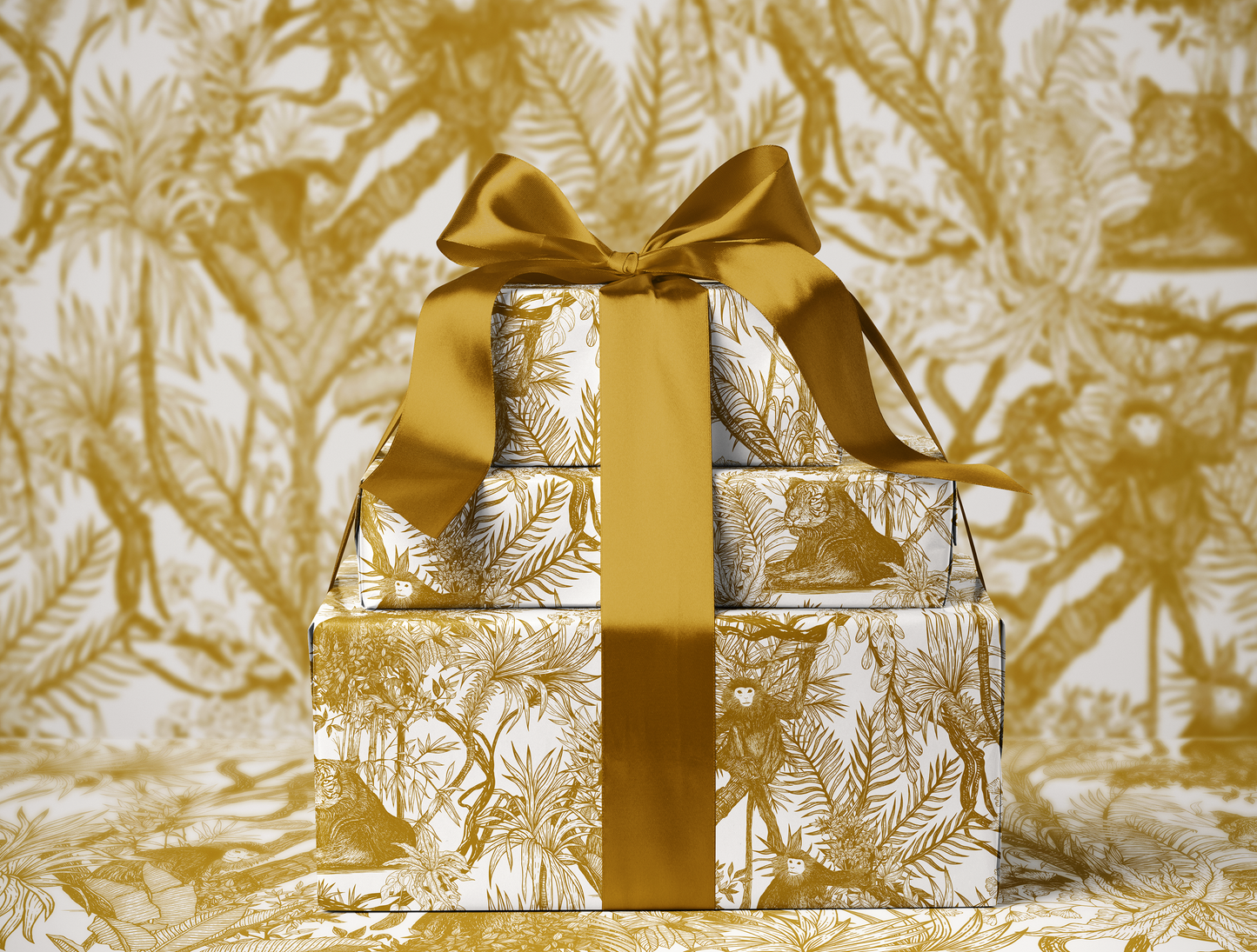 Antique Gold Toile de Jouy Wrapping Paper | Hand-Drawn Exotic Jungle Illustrations with Subtle Southeast Asian Influence | Luxury Gift Wrap