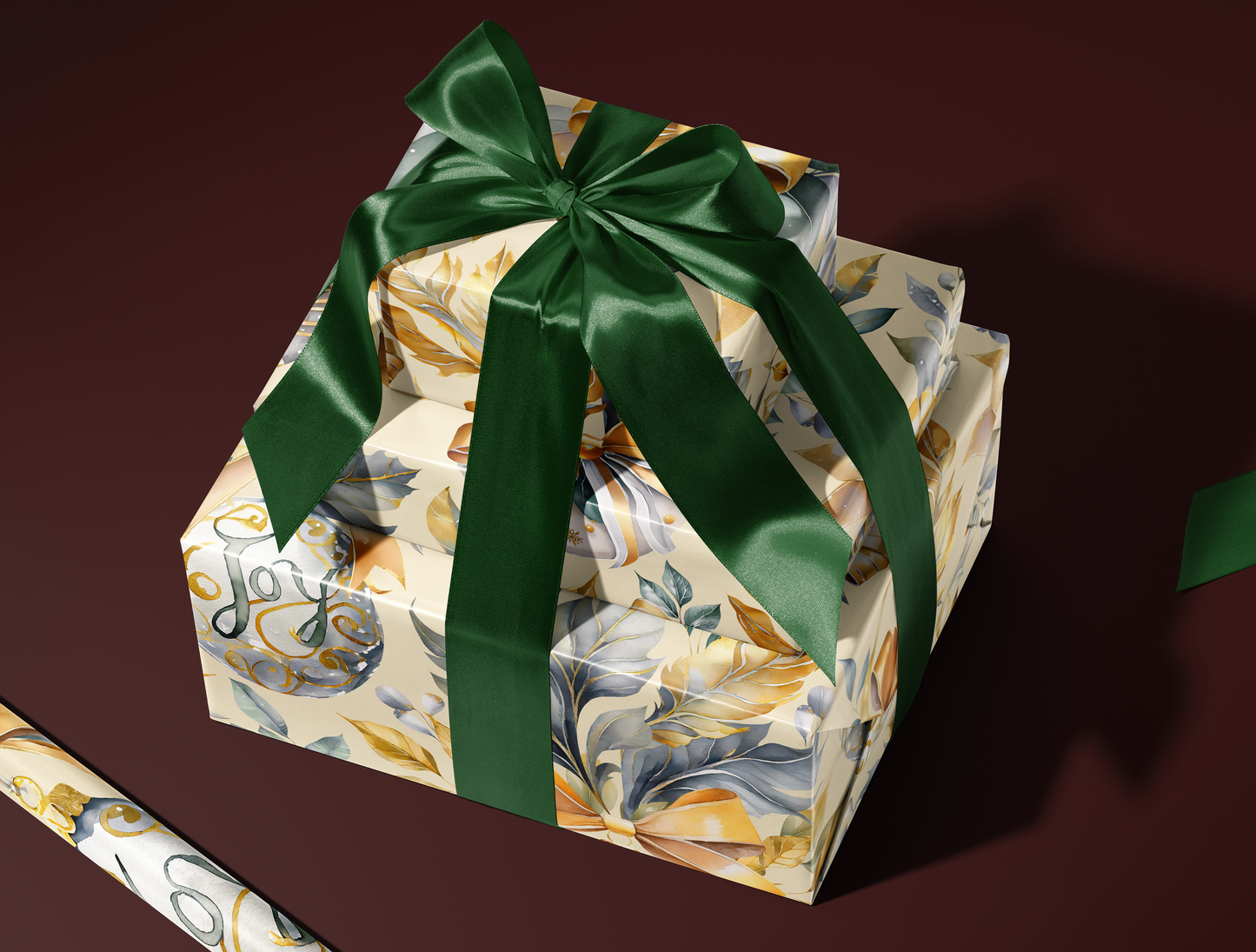 Christmas Wrapping Paper | Elegant Soft Green & Gold Ornaments | Soft Yellow background