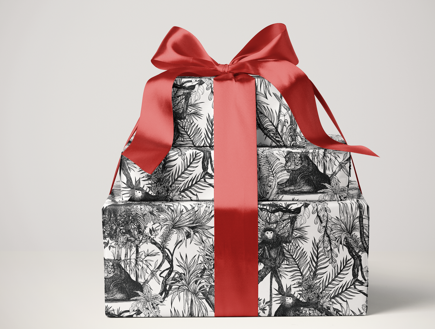 Noir Toile de Jouy Wrapping Paper  | Hand-Drawn Exotic Jungle Art with Minimalist Elegance | Classic Black on White Luxury Gift Wrap