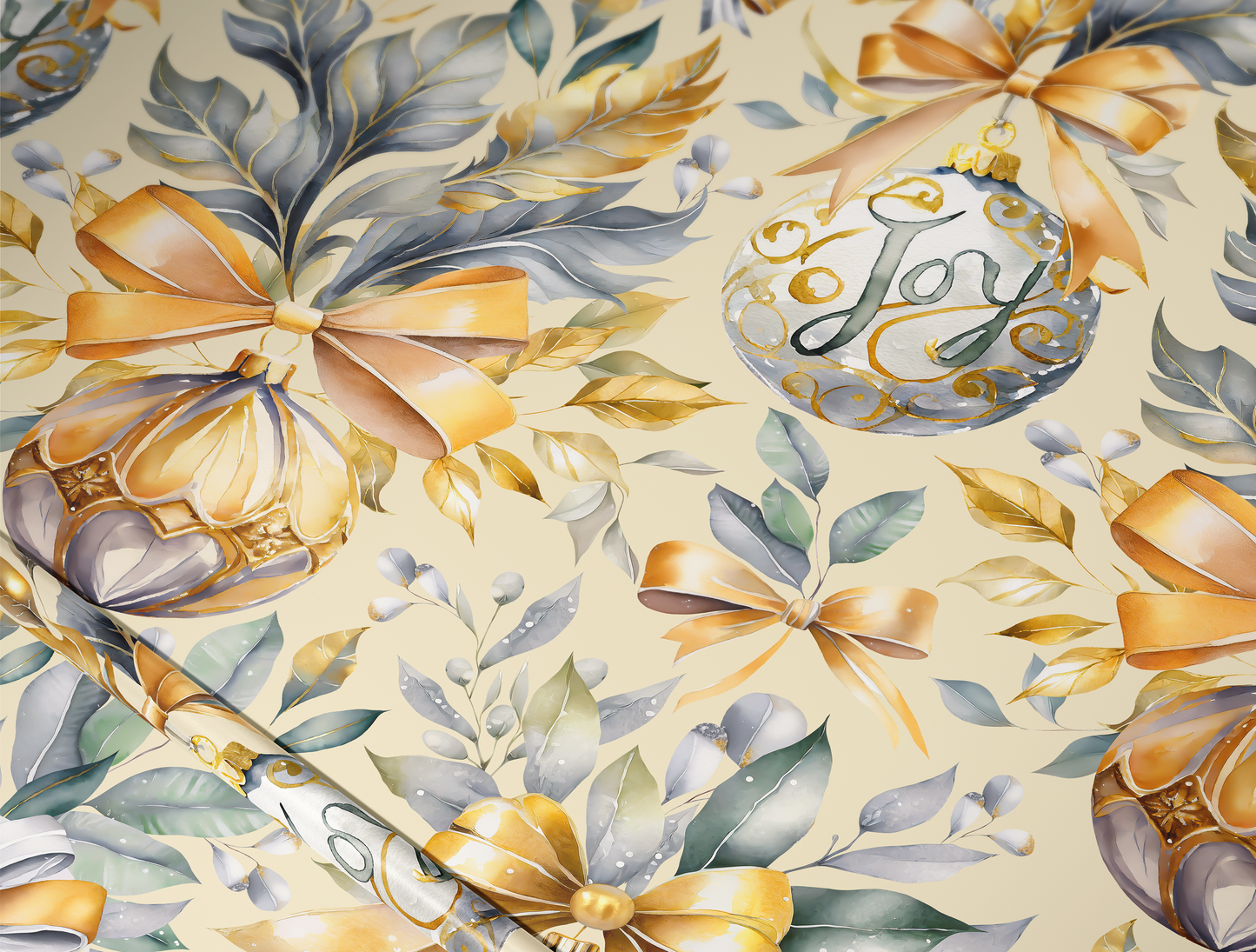Christmas Wrapping Paper | Elegant Soft Green & Gold Ornaments | Soft Yellow background