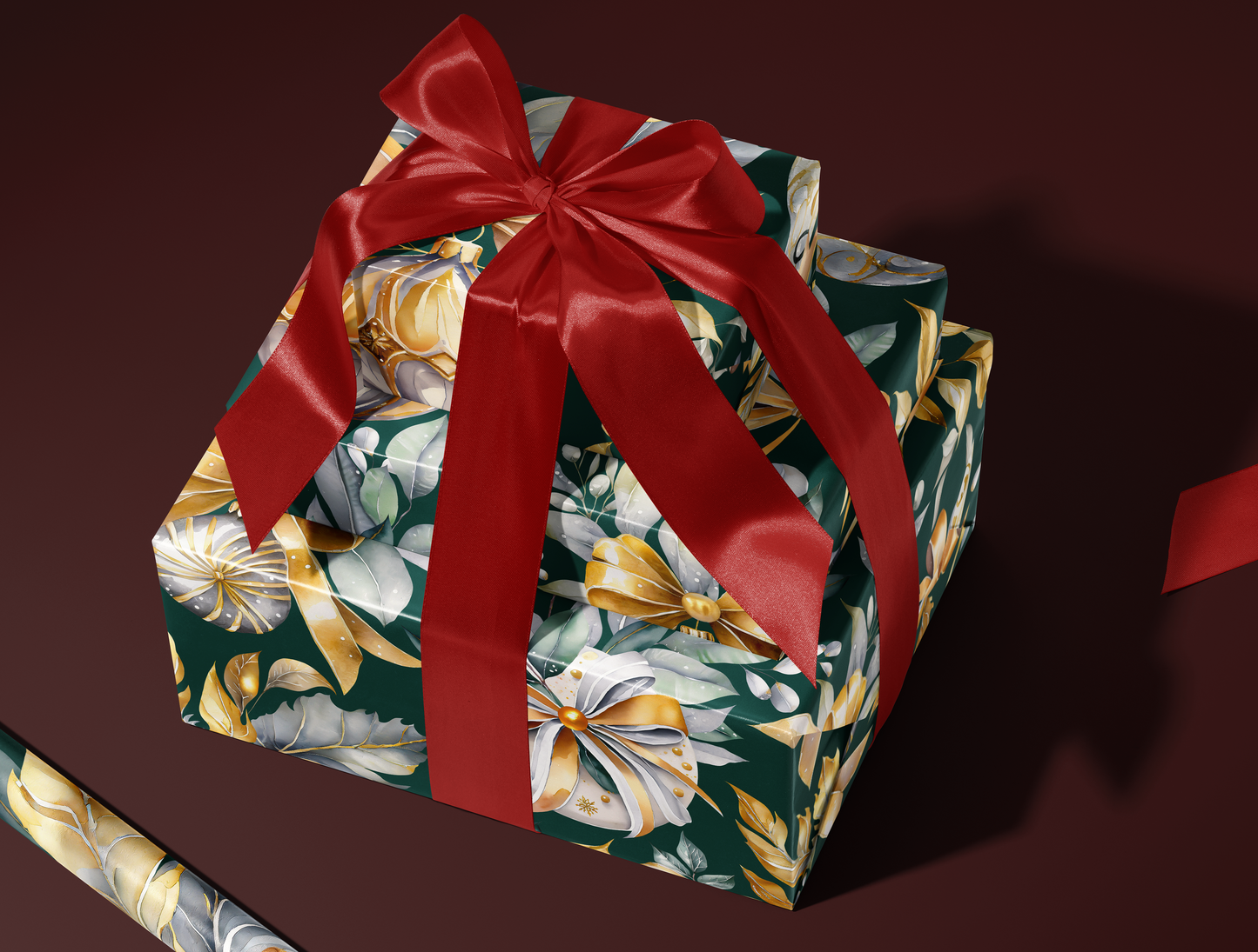 Christmas Wrapping Paper | Elegant Soft Green & Gold Ornaments | Green background