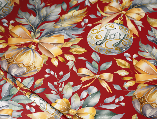 Christmas Wrapping Paper | Elegant Soft Green & Gold Ornaments | Red